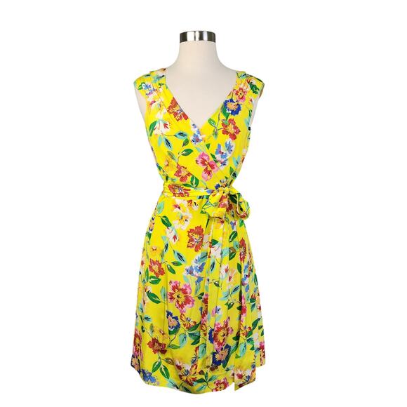 Kate Spade Womens Cathleen Silk Wrap Dress Size 6 Yellow Floral Brunch Designer - Picture 2 of 16
